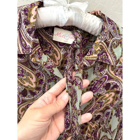 MISS JUNE | Paisley Maxi Dress Button Front Boho Long Sleeve Tiered Maxi | Large - Picture 5 of 7